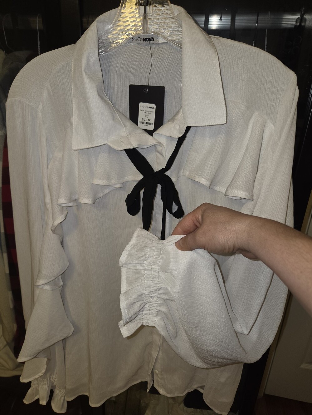 Fashion Nova White Ruffle Blouse with Black Neck Tie
